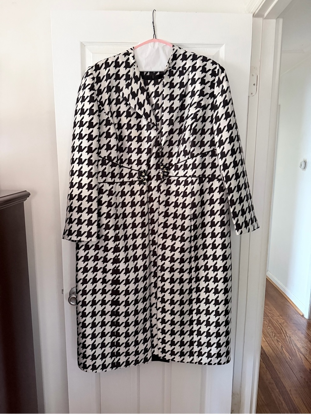 Houndstooth Single-Button Trench Coat Suit- Black & White